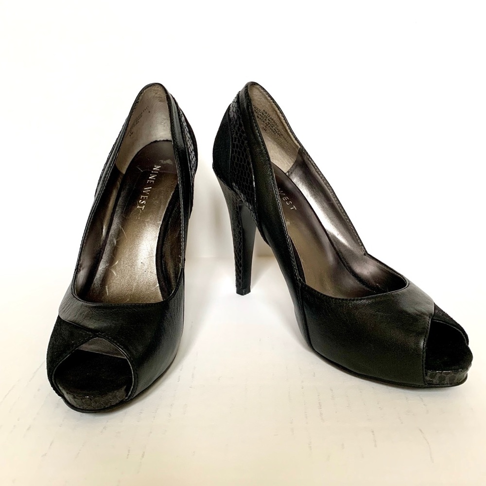 Nine West Black Leather & Suede Peep Toe Pumps